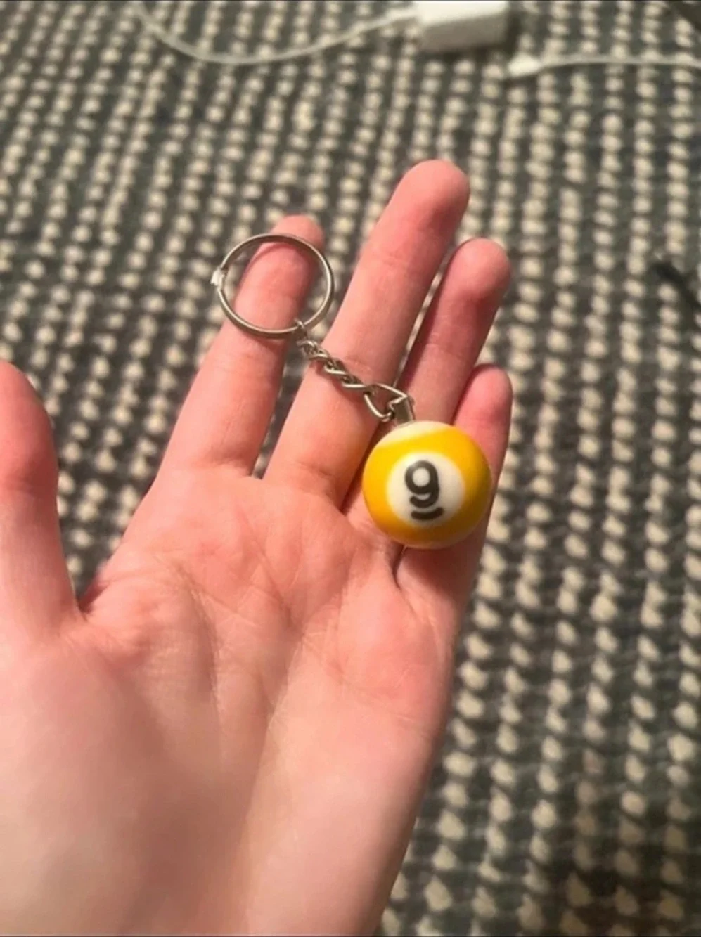 Number 9 Pool Ball Keychain in Yellow & White Like New